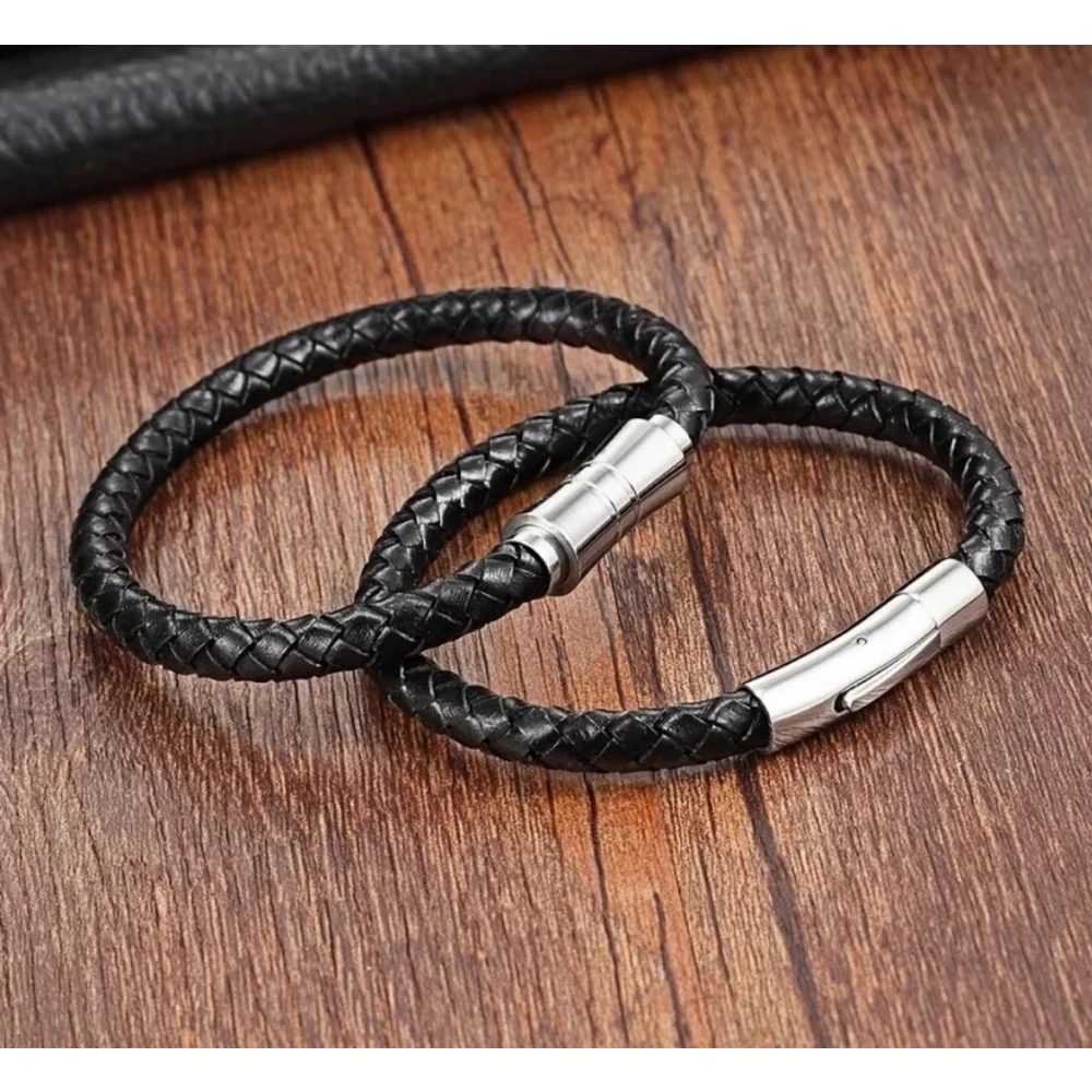 NEW Unisex Men's Black Leather Stainless Magnetic Closure Bracelet‎ 8.25”